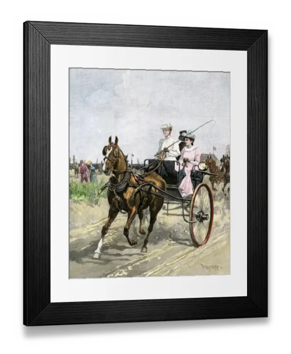 Framed Print : Fashionable young women driving a carriage on the beach Framed Print : Fashionable young women driving a carriage on the beach