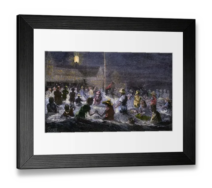 Framed Print : Coney Island beach lit by electric light, 1880s