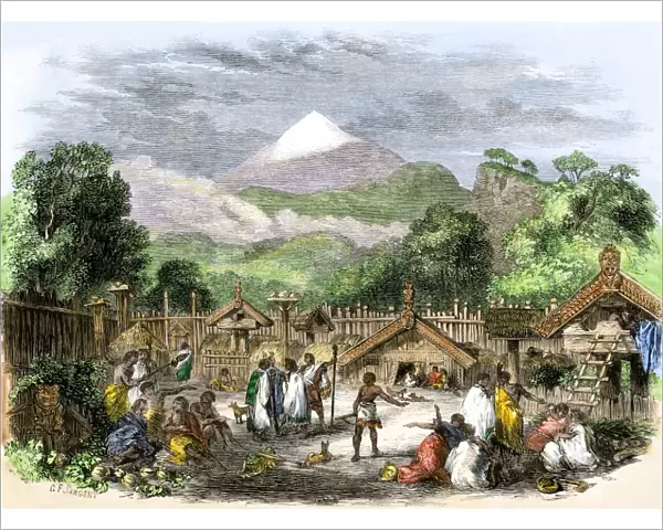 Maori village in New Zealand, 1800s