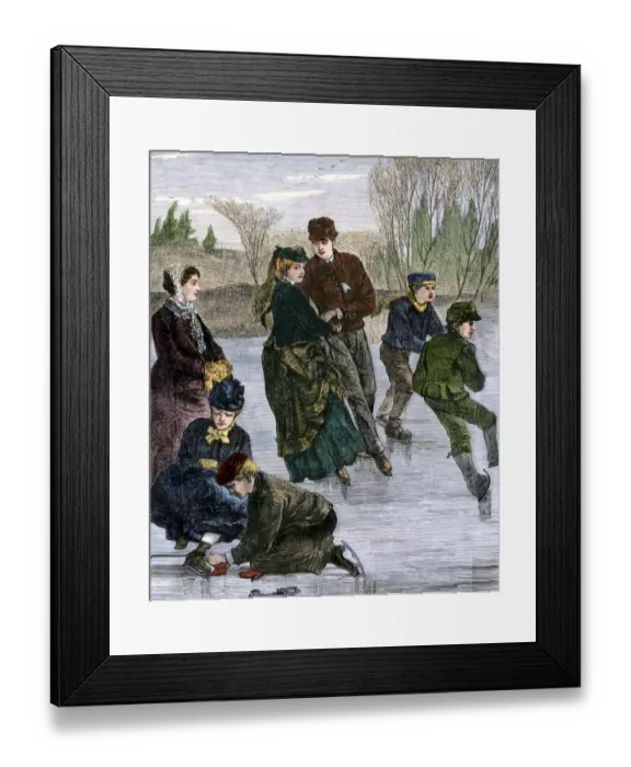 Framed Print : Skating on a pond in winter, 1800s Framed Print : Skating on a pond in winter, 1800s