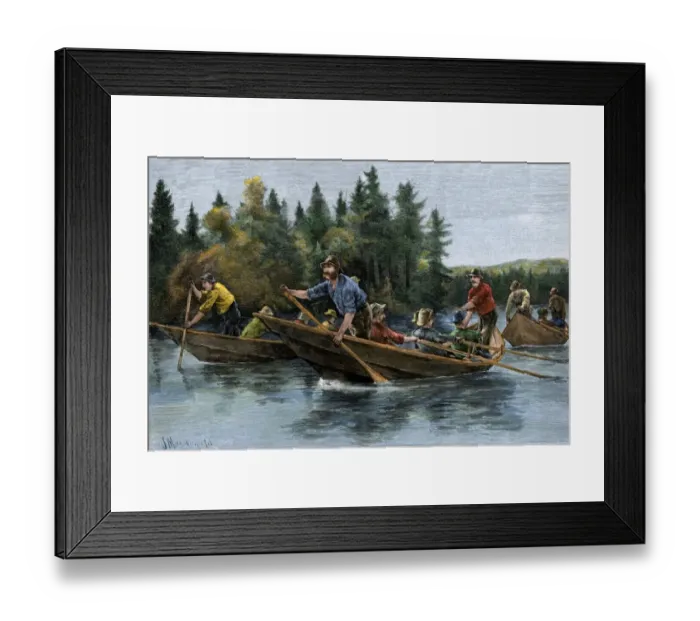Framed Print : Racing heavy canoes on a northern river, 1800s
