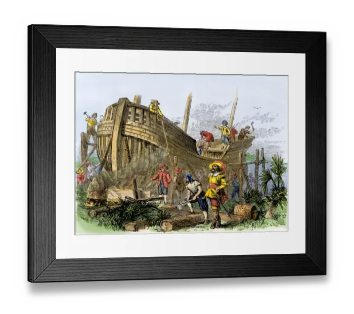 Framed Print : French colonists building a ship, South Carolina, 1560s Framed Print : French colonists building a ship, South Carolina, 1560s