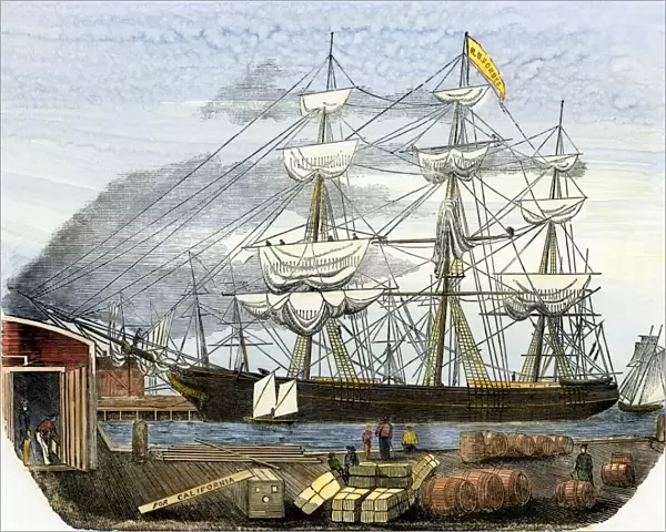 Clipper ship loading supplies for the California gold fields