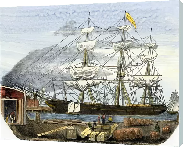 Clipper ship loading supplies for the California gold fields