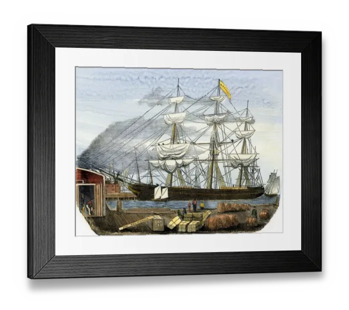 Framed Print : Clipper ship loading supplies for the California gold fields Framed Print : Clipper ship loading supplies for the California gold fields