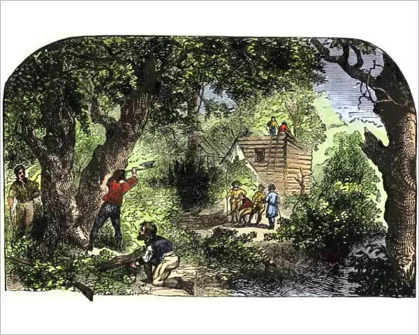 Jamestown colonists building homes, 1607