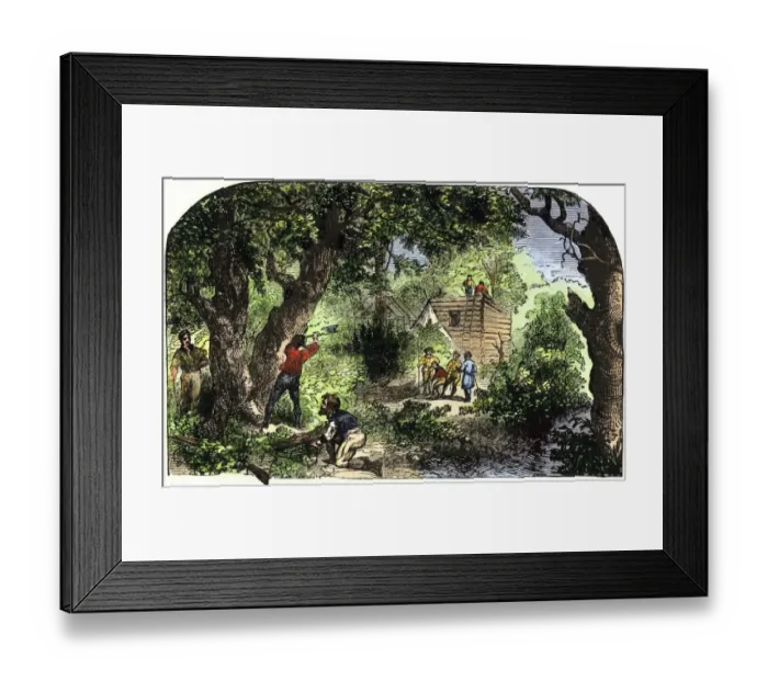 Framed Print : Jamestown colonists building homes, 1607 Framed Print : Jamestown colonists building homes, 1607