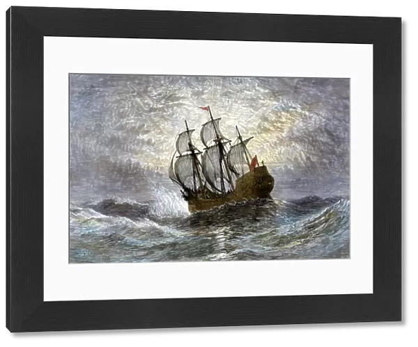 Pilgrims ship Mayflower at sea, 1620