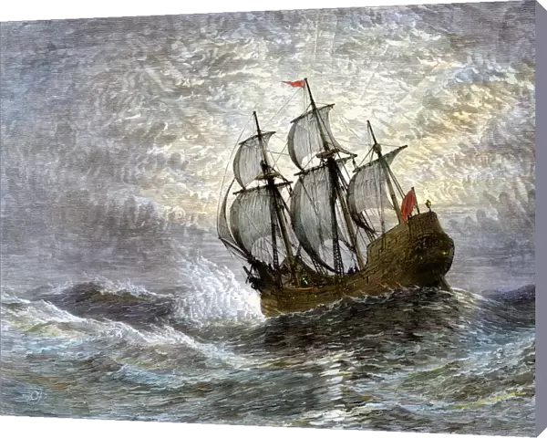 Pilgrims ship Mayflower at sea, 1620