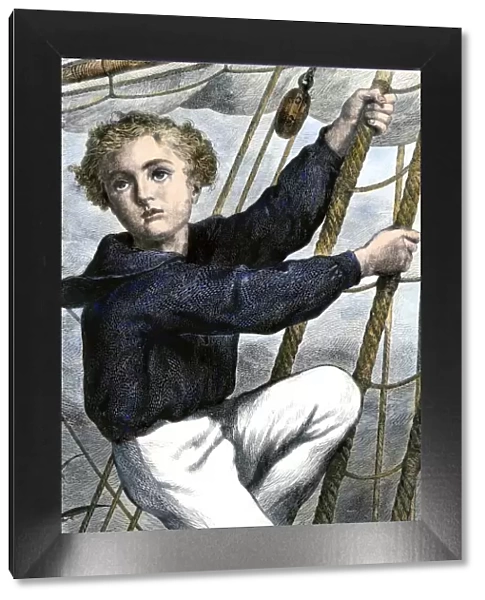Young sailor climbing the rigging