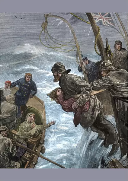 Passengers placed in lifeboats from a sinking ship