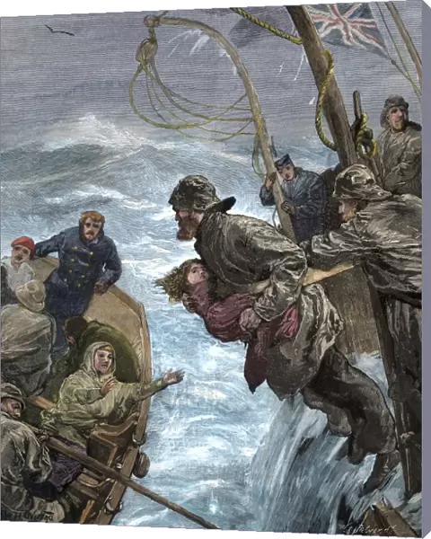 Passengers placed in lifeboats from a sinking ship