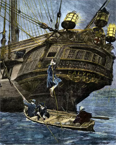 Men going ashore from a sailing ship