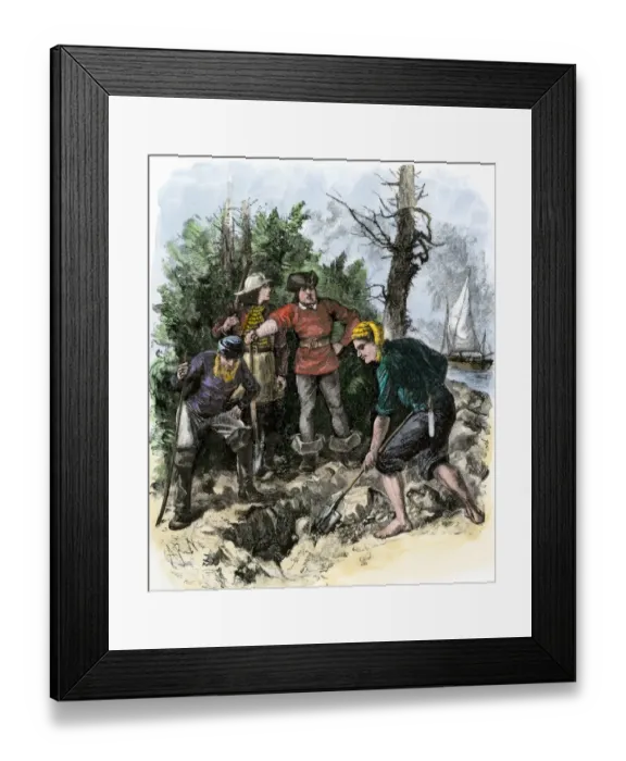 Framed Print : Sailors digging for Captain Kidds pirate treasure