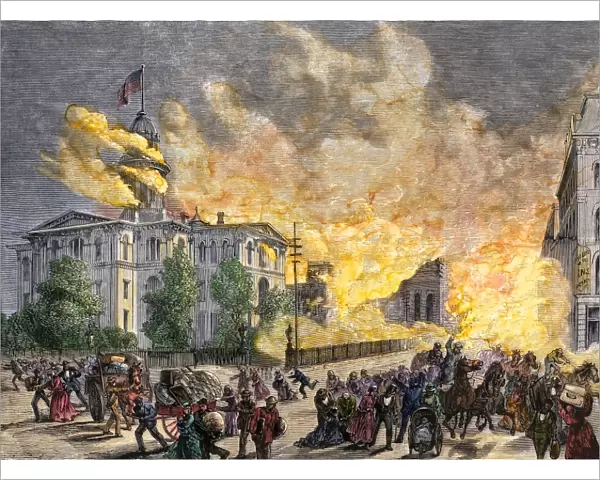 People running from the raging Chicago Fire, 1871