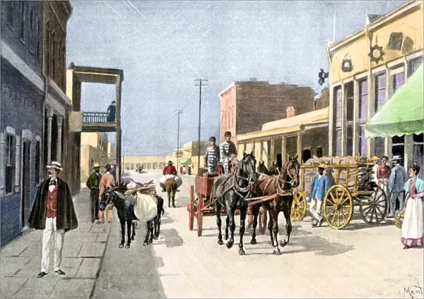 Busy street in Santa Fe in the late 1800s