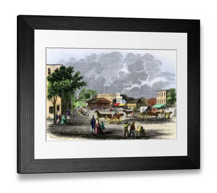 Framed Print : Shops and market on the town square Framed Print : Shops and market on the town square