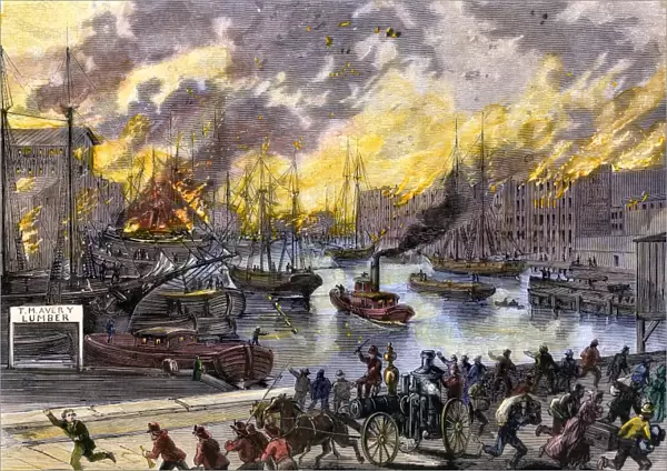 Flames reaching the waterfront, Chicago Fire, 1871