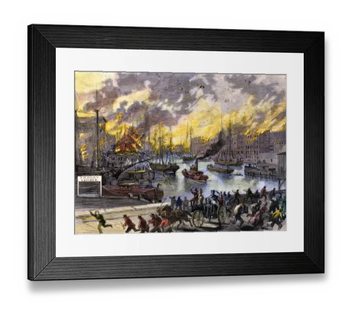 Framed Print : Flames reaching the waterfront, Chicago Fire, 1871