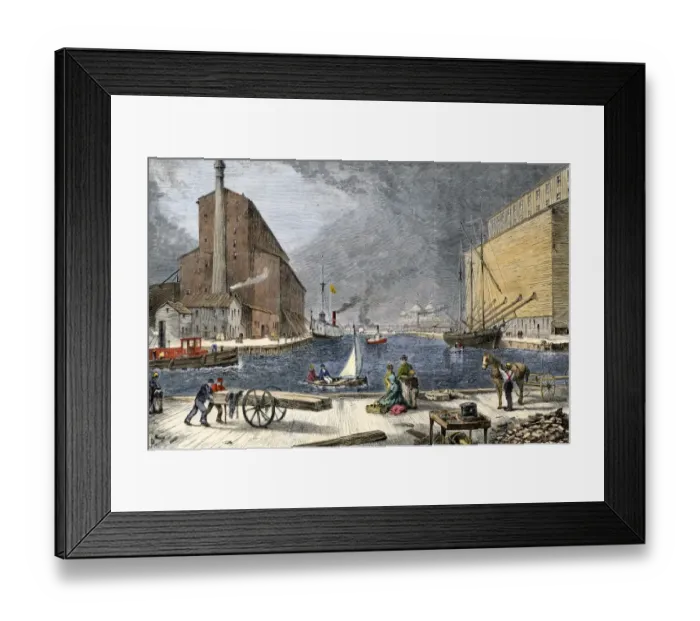 Framed Print : Chicago grain elevators loading ships, 1870s Framed Print : Chicago grain elevators loading ships, 1870s
