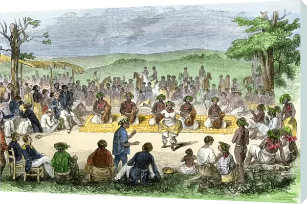 Hawaiians dancing for visitors, 1850s
