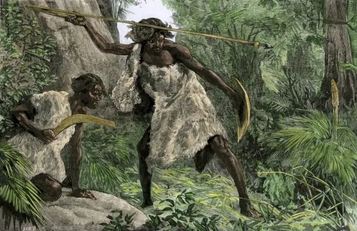 Framed Print : Aborigine hunters using an atlatl and a boomerang in an Australian forest Framed Print : Aborigine hunters using an atlatl and a boomerang in an Australian forest