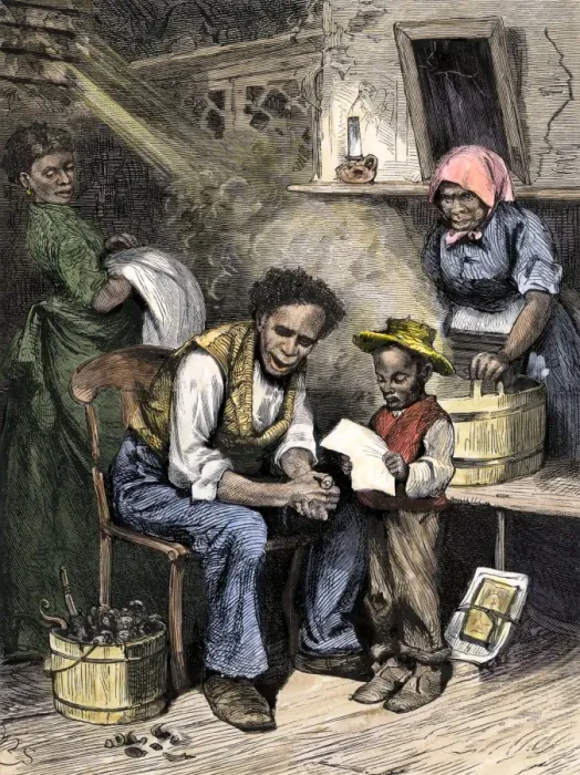 Framed Print : African-American boy reading to his family of former slaves