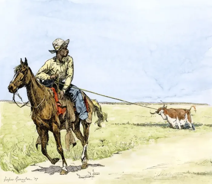 Framed Print : African-American cowboy pulling a longhorn out of the mud