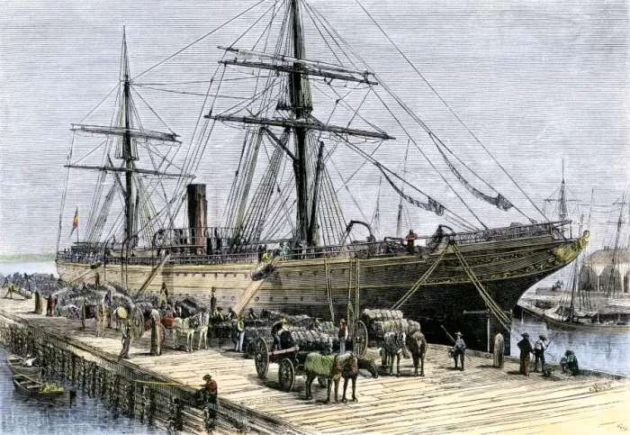 Framed Print : African-American stevedores loading cotton on a ship in Charlestown