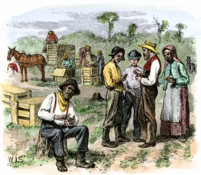Framed Print : African-American workers collecting pay after harvesting strawberries in