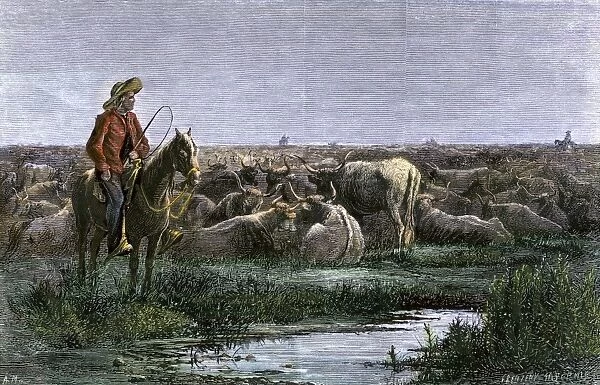 AGRI2A-00019. Cowboys guarding the herd at night during a Texas to Kansas