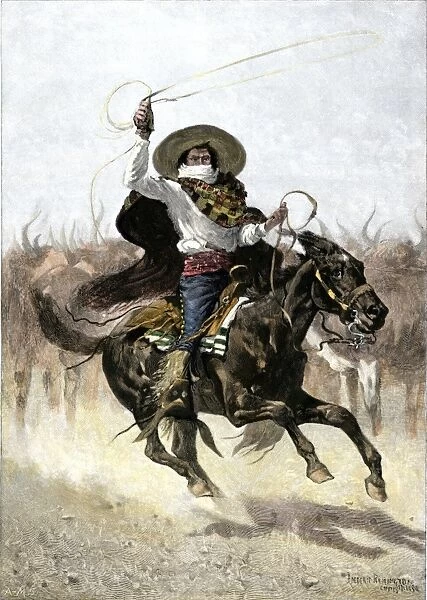 AGRI2A-00060. California vaquero galloping to lasso a steer, 1800s.