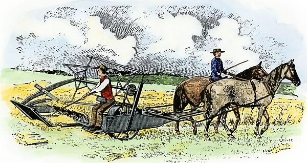 AGRI2A-00063. Cyrus Hall McCormicks reaper, invented in 1847.. Hand-colored woodcut