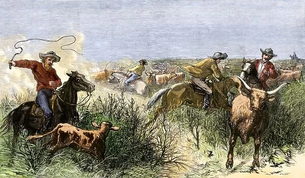 AGRI2A-00147. Cowboys cutting out cattle to drive a herd from Texas to Kansas, 1870s.