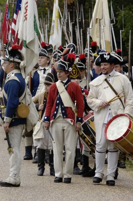 Framed Print : American army reenactors march to the surrender ceremony at Yorktown