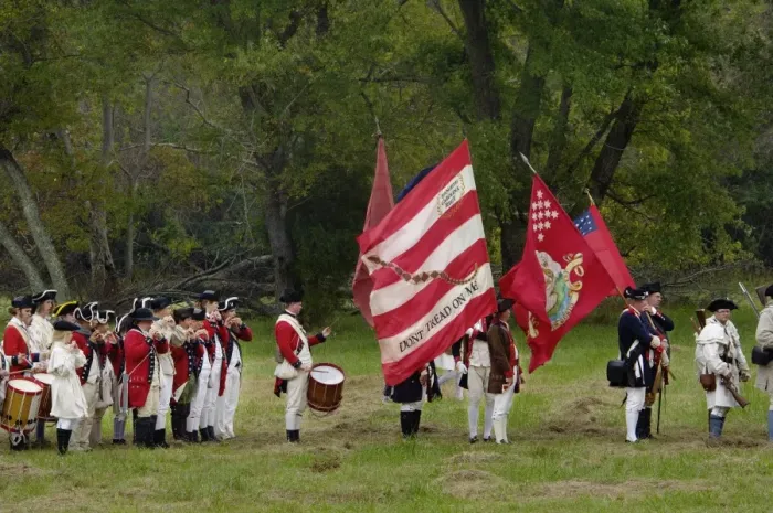 Framed Print : American army reenactors with the Rattlesnake Flag at Yorktown Battlefield Framed Print : American army reenactors with the Rattlesnake Flag at Yorktown Battlefield