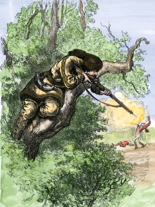 Framed Print : American marksman in a tree firing at British soldiers Framed Print : American marksman in a tree firing at British soldiers