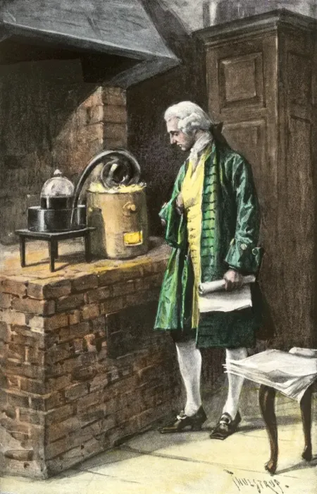 Framed Print : Antoine-Laurent Lavoisier conducting an experiment in his laboratory Framed Print : Antoine-Laurent Lavoisier conducting an experiment in his laboratory