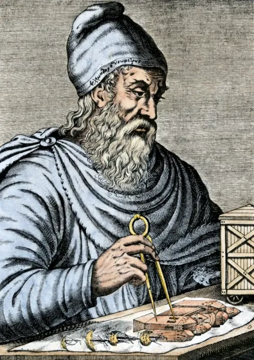 Framed Print : Archimedes using calipers to plan raising water with the Archimedean screw in
