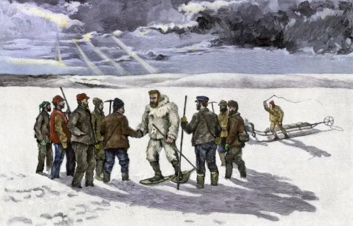 Framed Print : Arctic explorer Robert Peary meeting the Relief Expedition on the Greenland Framed Print : Arctic explorer Robert Peary meeting the Relief Expedition on the Greenland