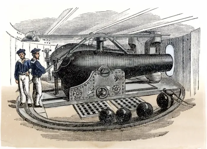Framed Print : Artillery inside the revolving turret of the ironclad US gunboat Monitor during Framed Print : Artillery inside the revolving turret of the ironclad US gunboat Monitor during