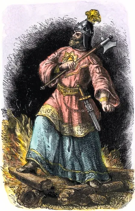 Framed Print : Attila the Hun standing amid burning ruins