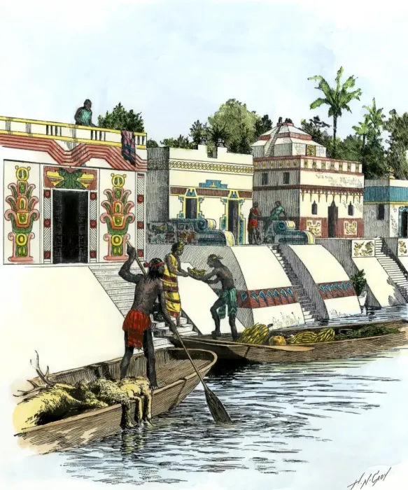 Framed Print : Aztec merchants on a canal in Tenochtitlan before the Spanish conquest Framed Print : Aztec merchants on a canal in Tenochtitlan before the Spanish conquest