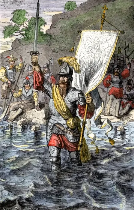Framed Print : Balboa raising his sword to claim the Pacific Ocean for Spain Framed Print : Balboa raising his sword to claim the Pacific Ocean for Spain