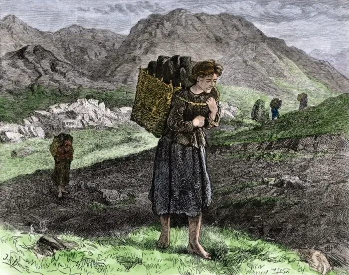 Framed Print : Barefoot Irish peat-gatherers on the moors