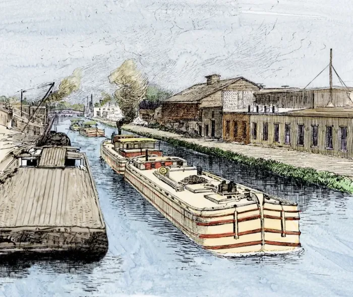 Framed Print : Barges towed by steam power on the Erie Canal Framed Print : Barges towed by steam power on the Erie Canal