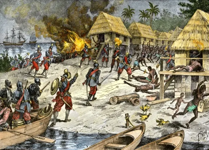 Framed Print : Bartholomew Columbuss cruel destruction of native villages on Hispaniola