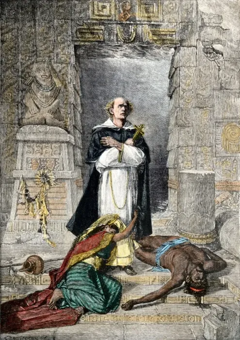 Framed Print : Bartolome de Las Casas protecting the Aztecs from Spanish conquerors