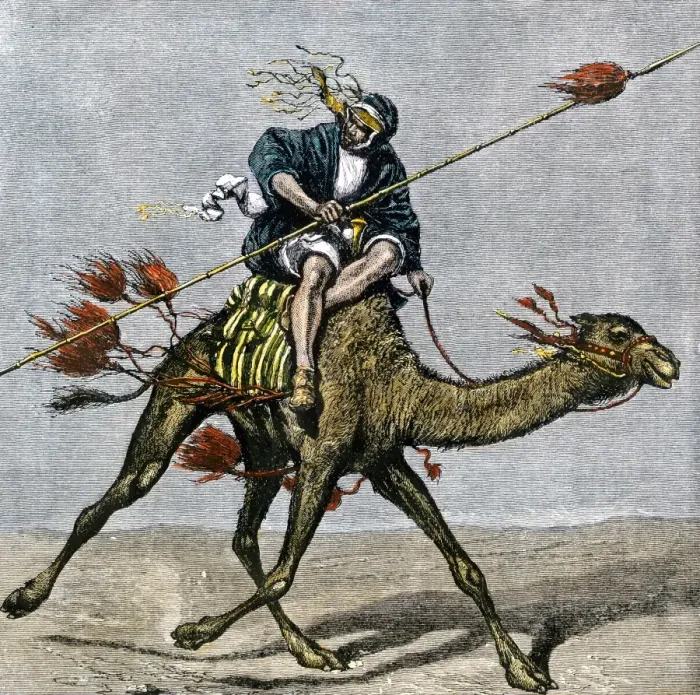 Framed Print : Bedouin messenger racing across the desert on a camel