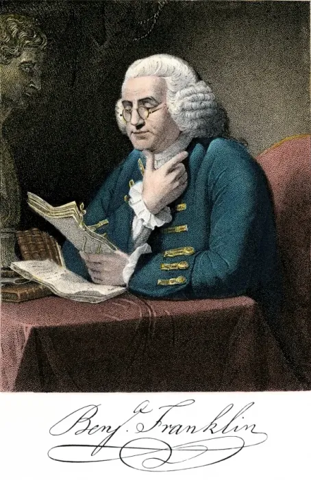Framed Print : Benjamin Franklin at his desk Framed Print : Benjamin Franklin at his desk